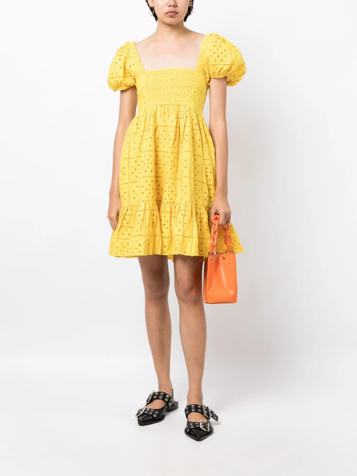 Ganni-Broderie-Anglaise-Mini-Dress-Yellow-2