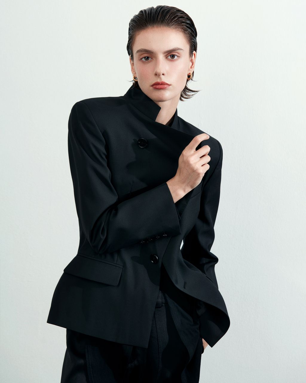 Club21 Collection Maeve Sartorial Wool Mix Jacket in taupe, featuring a mandarin collar, asymmetric diagonal front panel with two-button fastening, welt breast pocket, and twin flap hip pockets