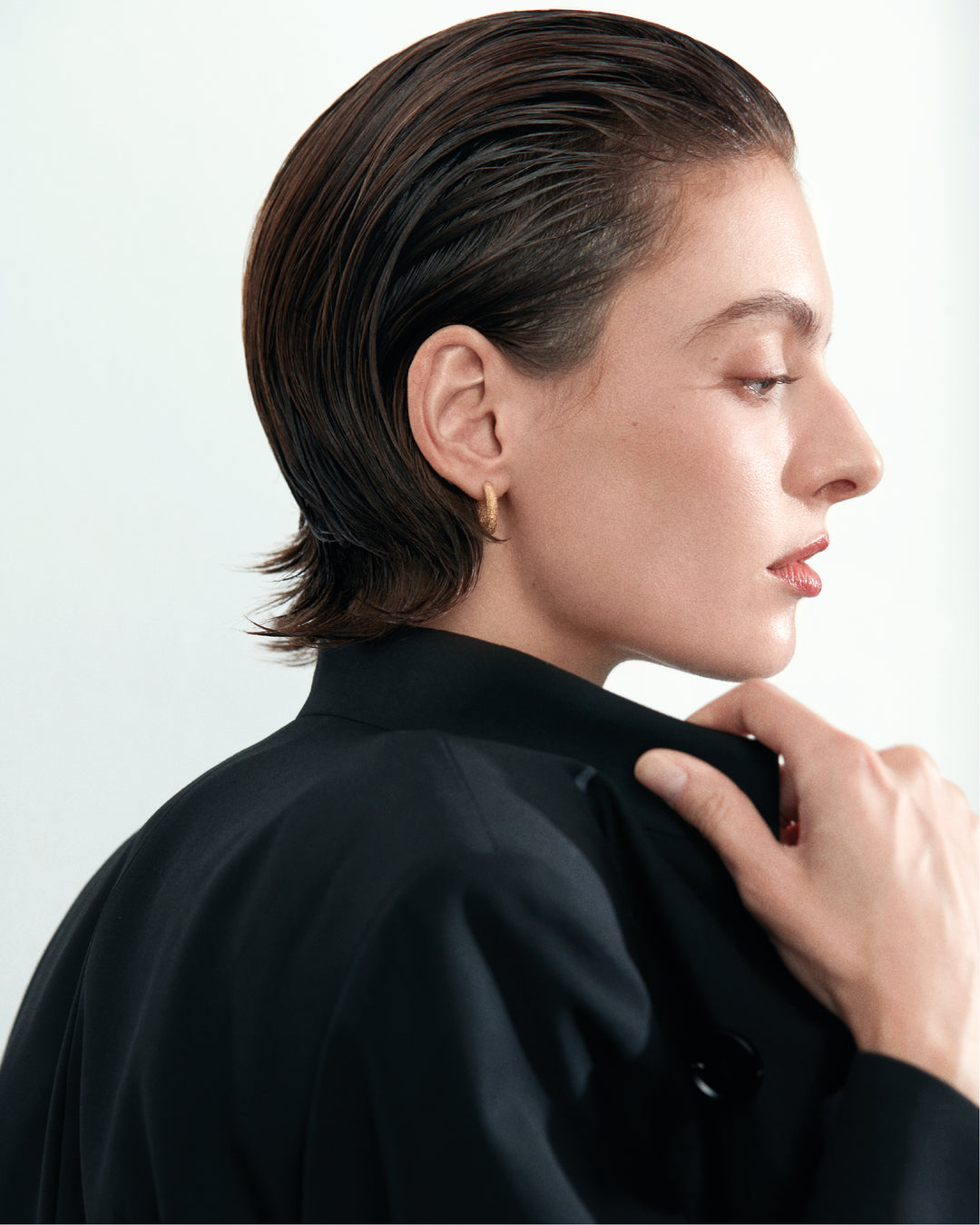 Club21 Collection Maeve Sartorial Wool Mix Jacket in taupe, featuring a mandarin collar, asymmetric diagonal front panel with two-button fastening, welt breast pocket, and twin flap hip pockets