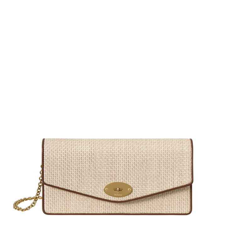 Mulberry Darley Clutch in natural raffia weave with tan leather trim, gold-tone oval postman's lock closure and detachable gold chain strap