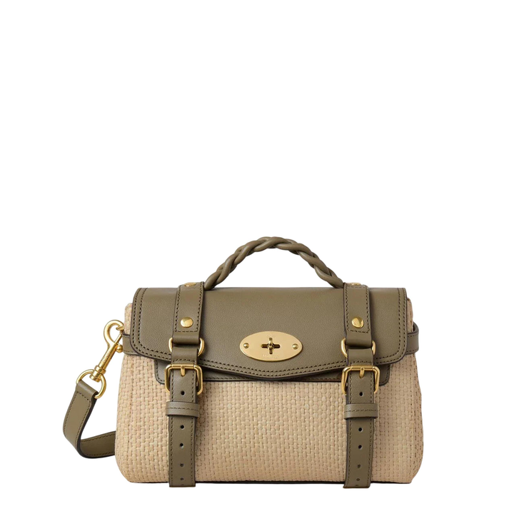 Mini Alexa Linen Green & Natural Raffia & Leather