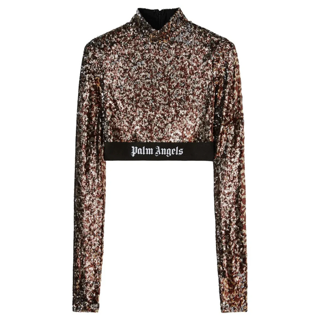 Logo Tape Sequins Long Sleeve Top