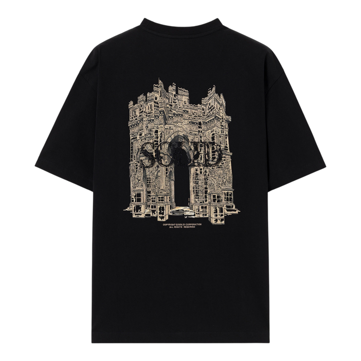Solid Homme Architecture Short Sleeve Tee in black with gold embroidered Wooyoungmi Paris logo on the chest, oversized fit, crewneck collar, white background