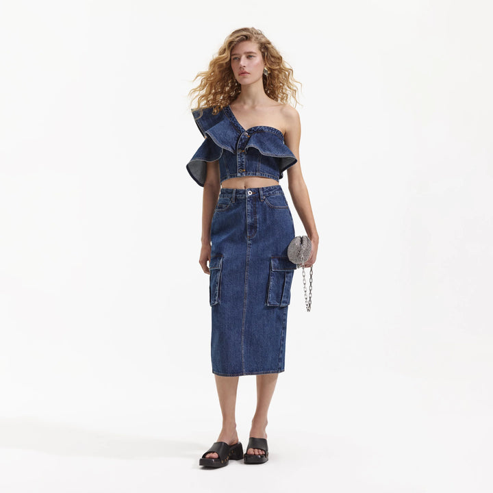 Denim Cargo Midi Skirt