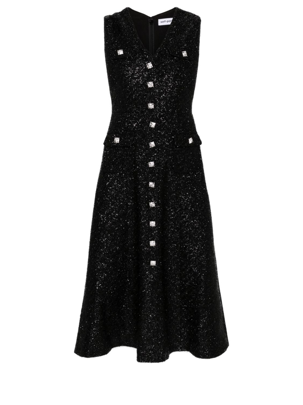 Self-Portrait-Black-Tinsel-Boucle-Buttoned-Midi-Dress