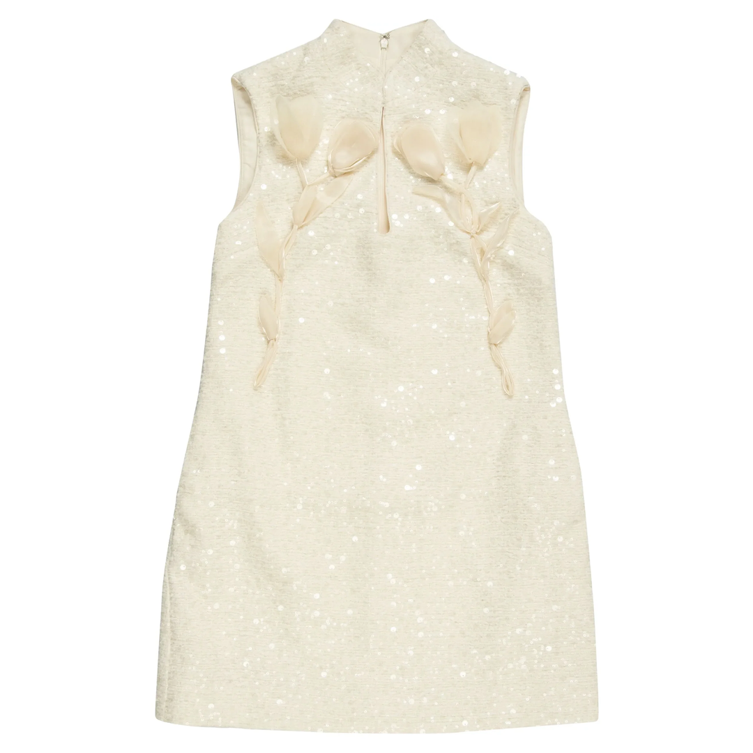 Cream Boucle Flower Motif Mini Dress