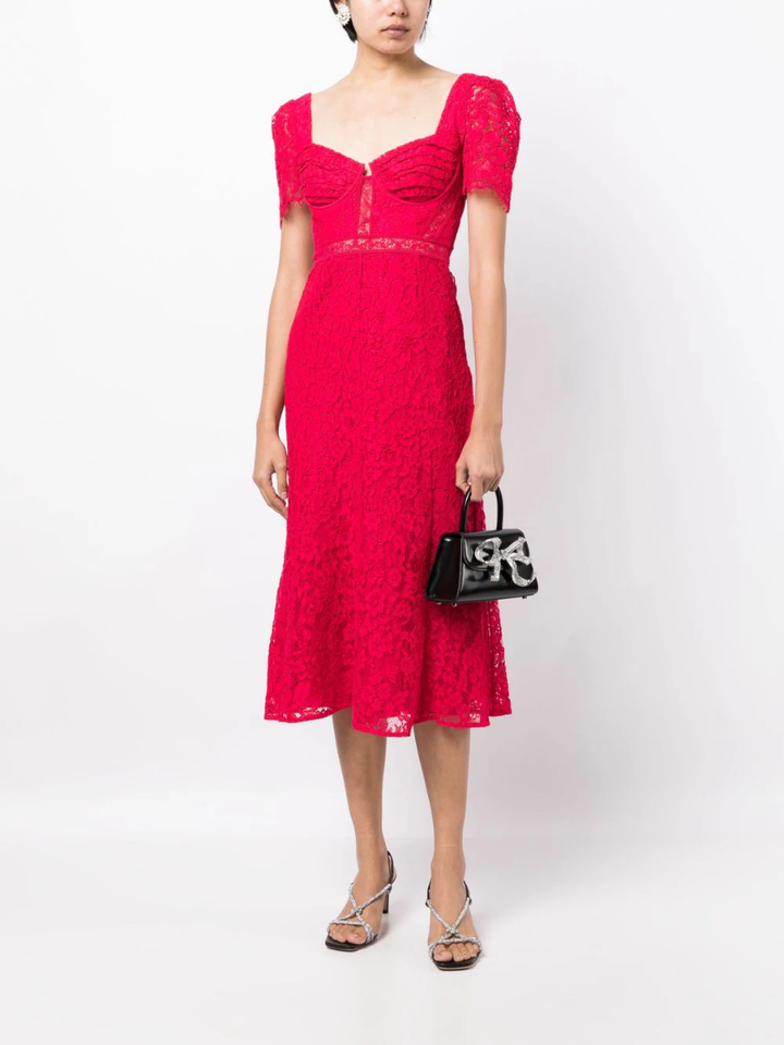 Self Portrait Red Crepe Lace Detail Midi Dress Red 2