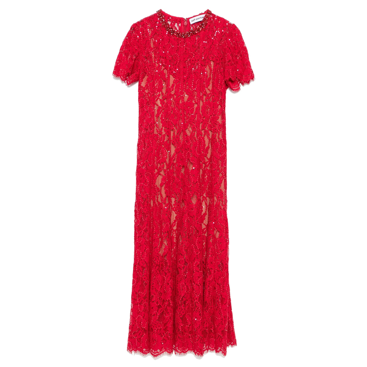 Red Sequin Lace Midi Dress