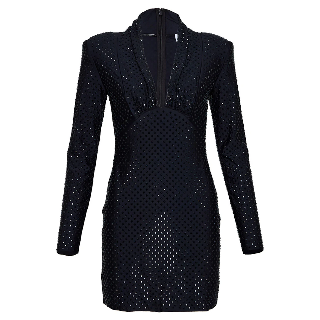 Black Jersey Rhinestone Mini Dress