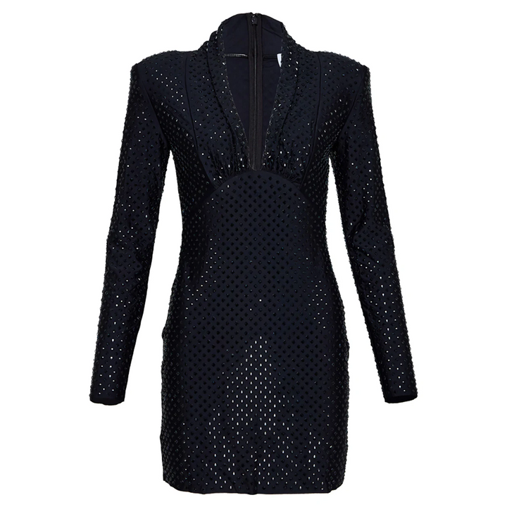 Black Jersey Rhinestone Mini Dress