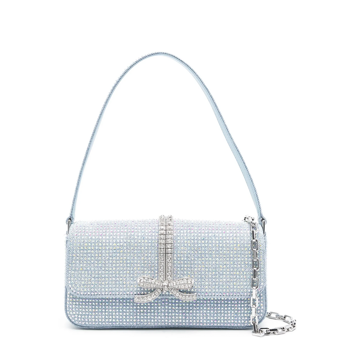 Blue Rhinestone Denim Baguette Bag