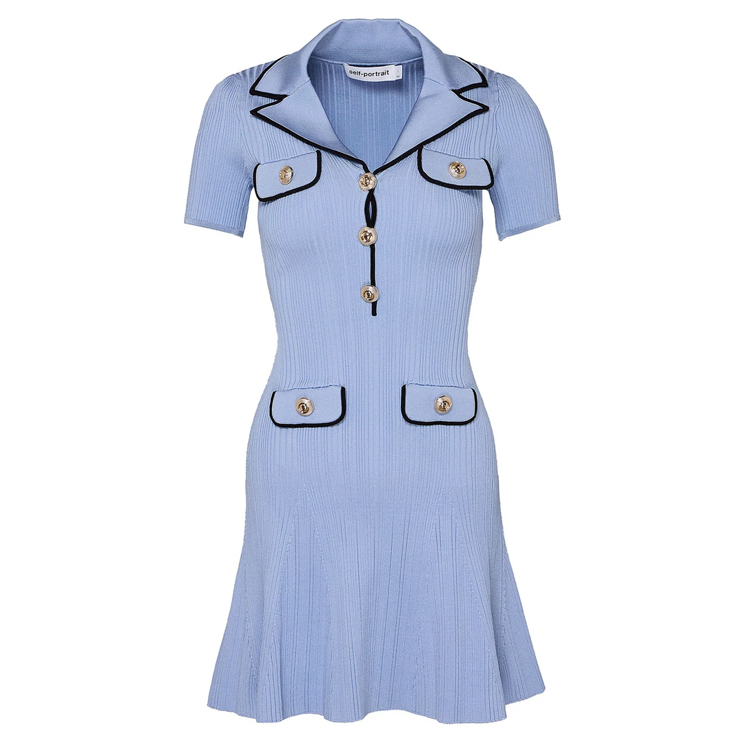 Blue Viscose Rib Knit Mini Dress