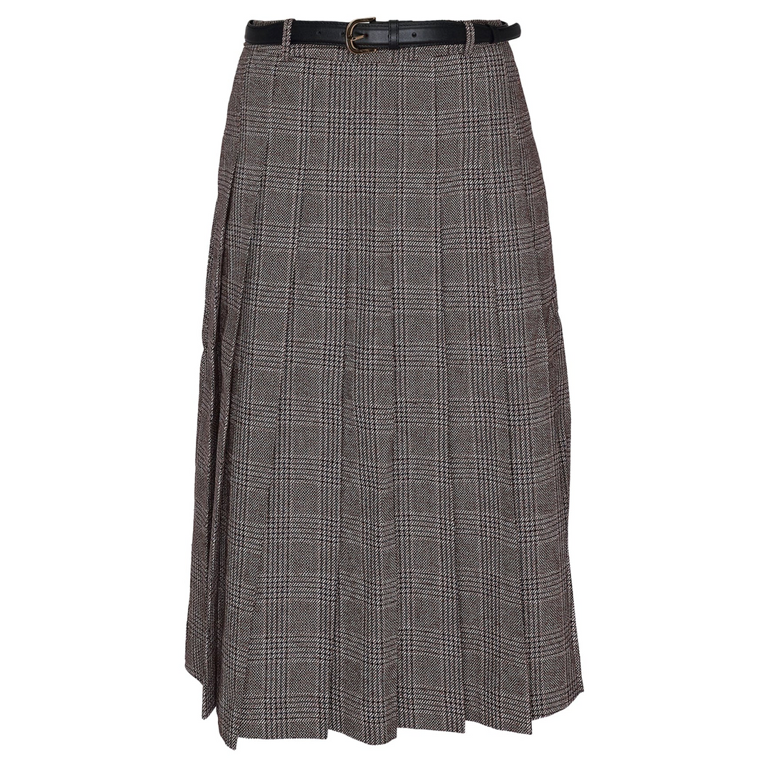 Brown Check Pleated Midi Skirt