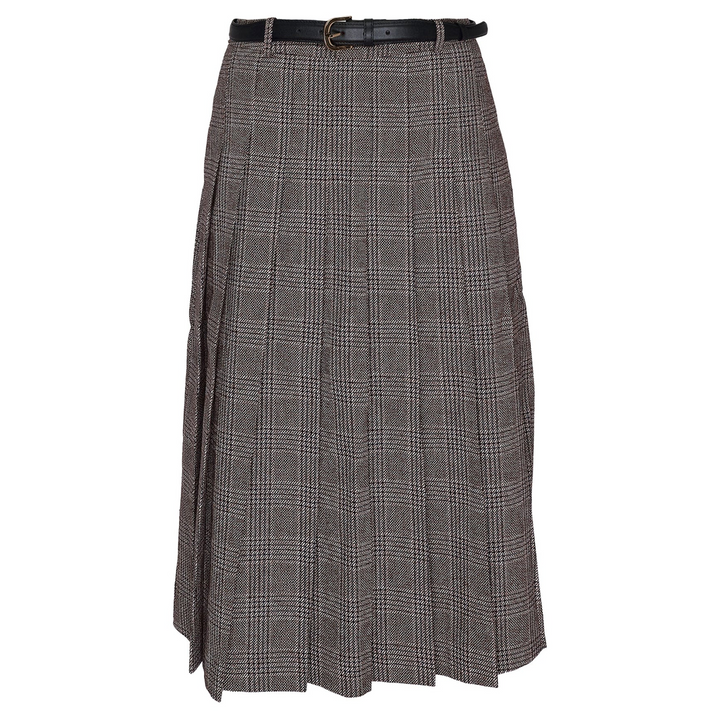 Brown Check Pleated Midi Skirt