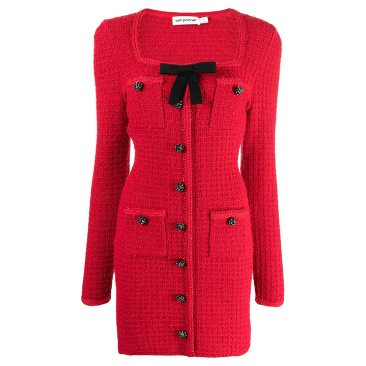 Cny 레드 니트 보우 미니 드레스