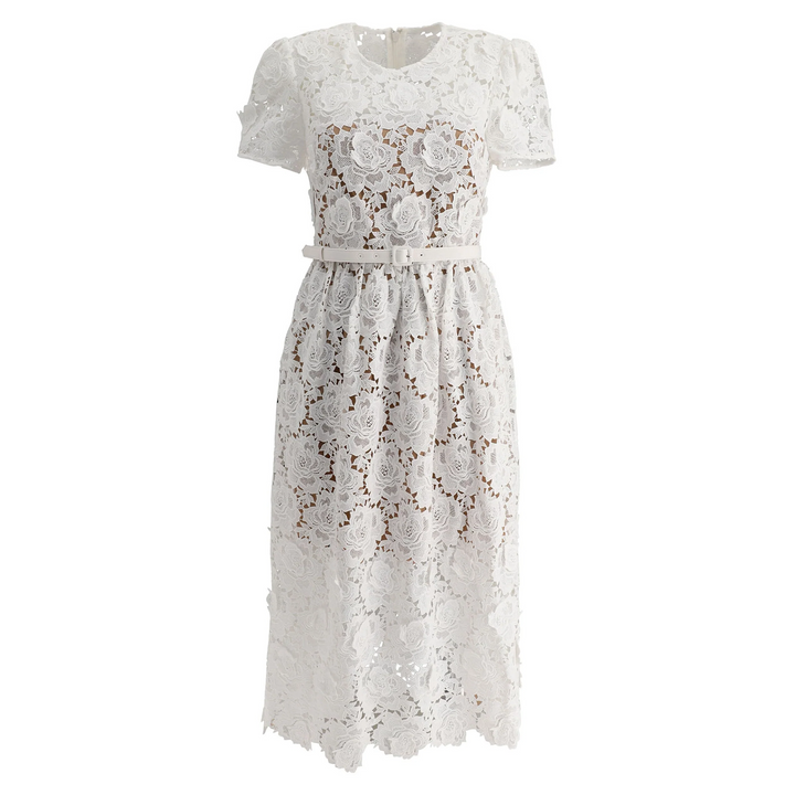 Cream Floral Lace Midi Dress