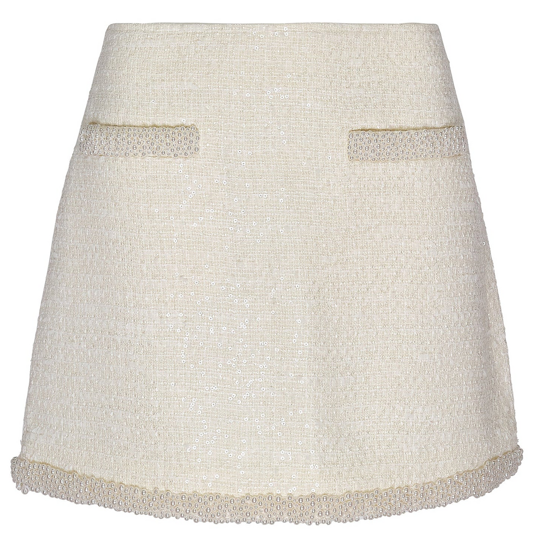 Cream Boucle Pearl Trim Mini Skirt