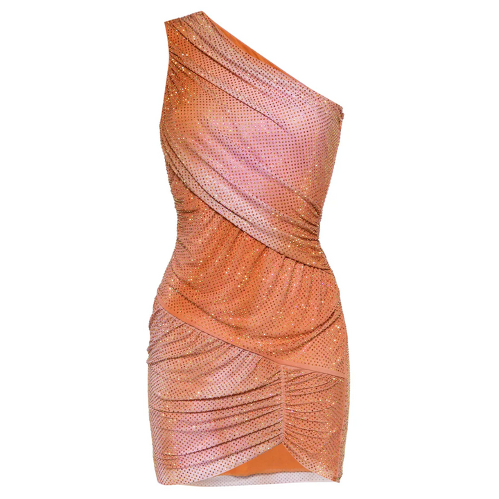 Orange Printed Mesh Rhinestone Dress