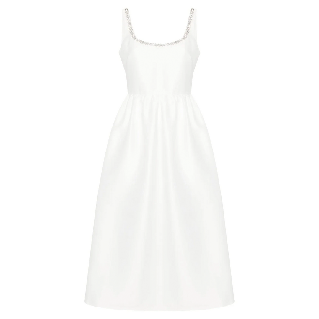 White Taffeta Diamante Midi Dress