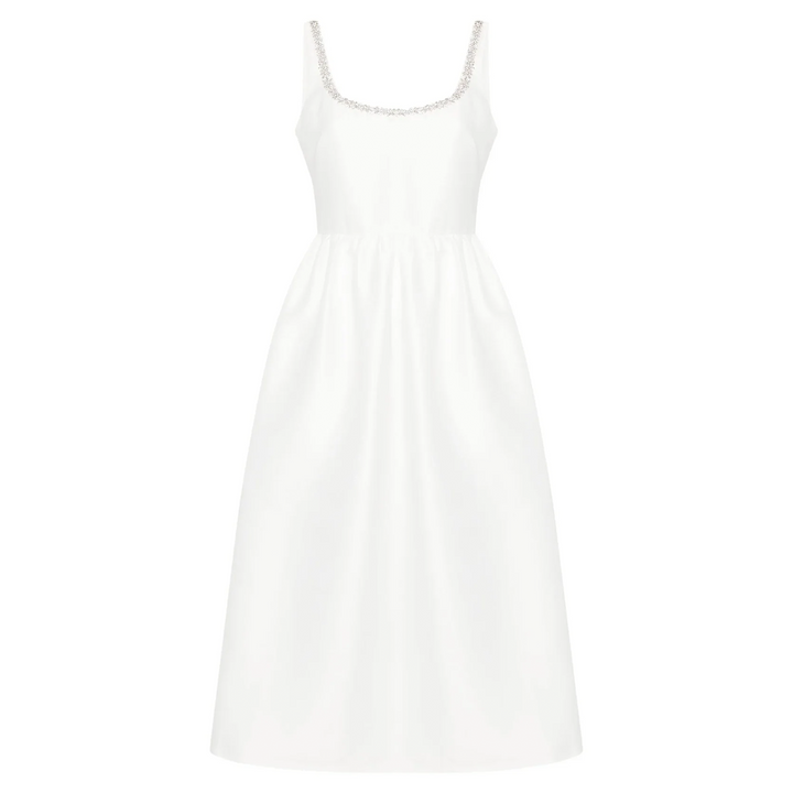 White Taffeta Diamante Midi Dress