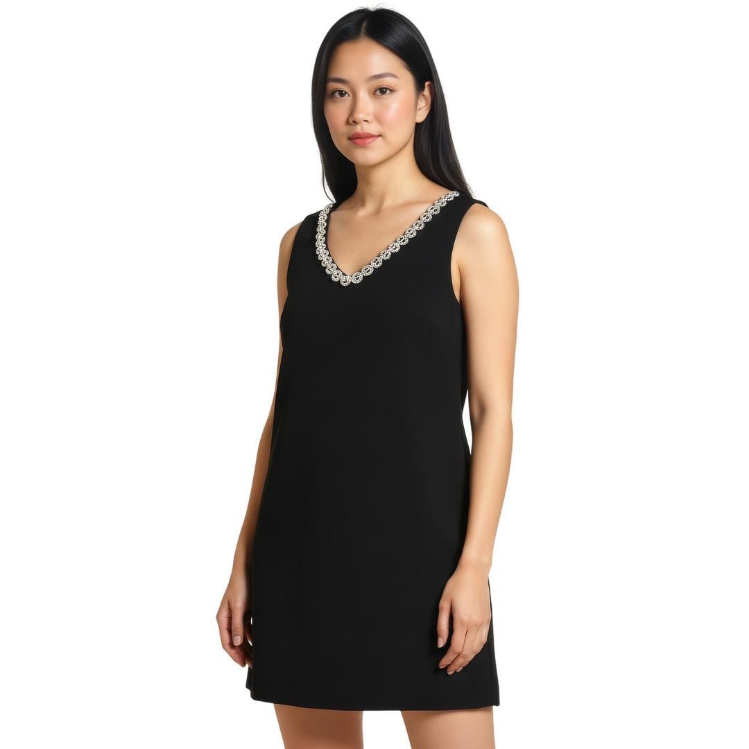 Club21 - Self-Portrait - Black Crepe Crystal Trim Mini Dress - WOVEN DRESSES - Black