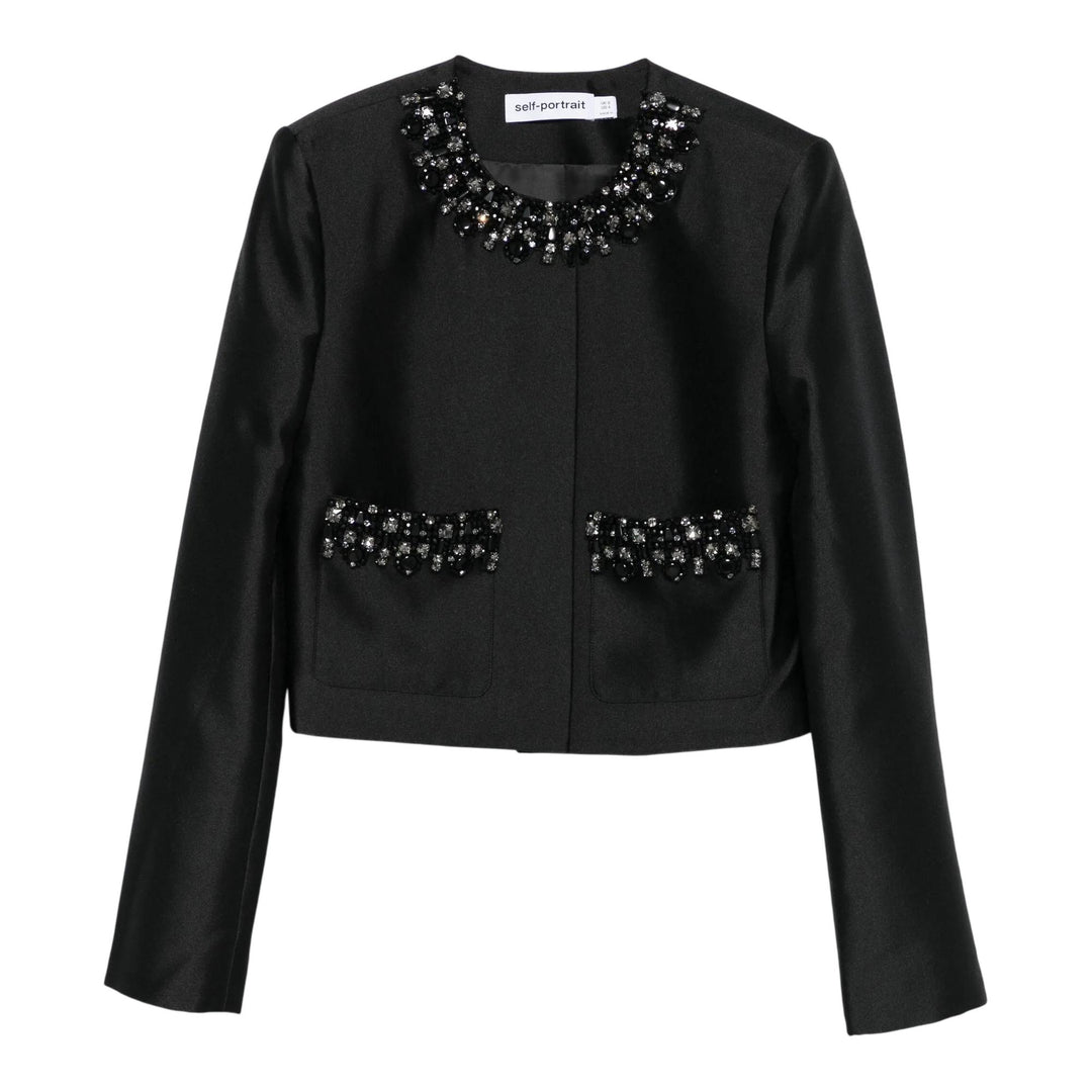 Club21 - Self-Portrait - Black Taffeta Embellished Trim Jacket - JACKETS - Black