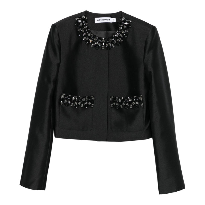Club21 - Self-Portrait - Black Taffeta Embellished Trim Jacket - JACKETS - Black