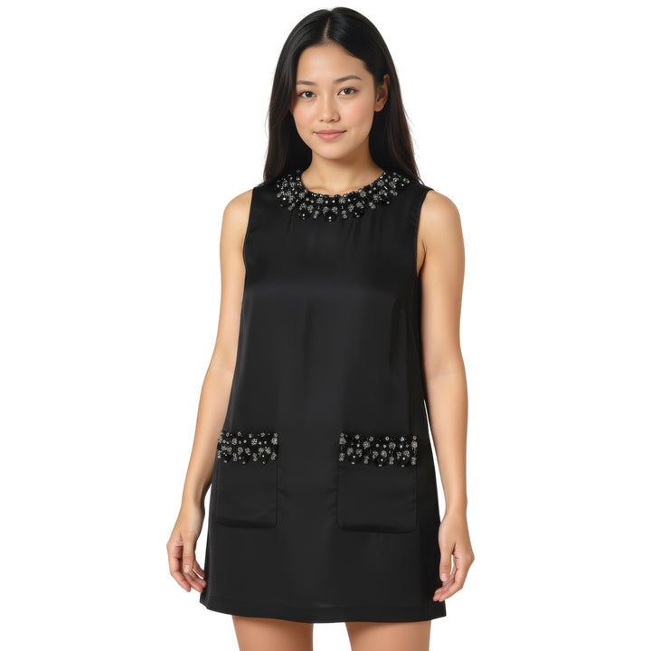Club21 - Self-Portrait - Black Taffeta Embellished Trim Mini Dress - WOVEN DRESSES - Black
