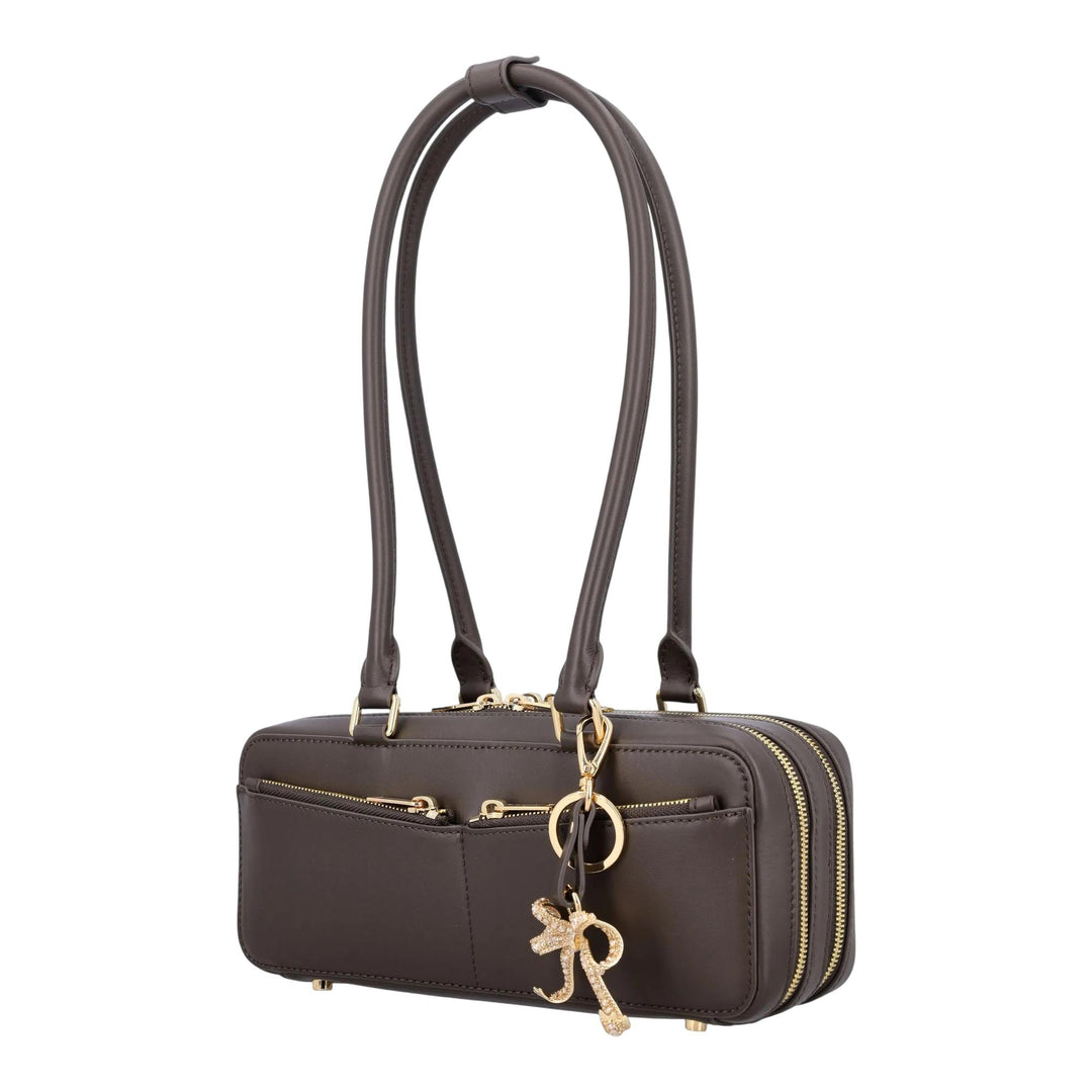 Club21 - Self-Portrait - Brown Leather Baguette Shoulder Bag With Charm - HANDBAGS - Dark Brown