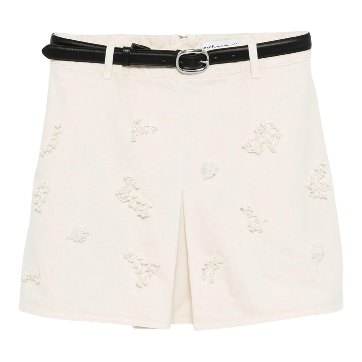 Club21 - Self-Portrait - Cream Denim Beaded Floral Mini Skirt - SKIRTS - Off-White
