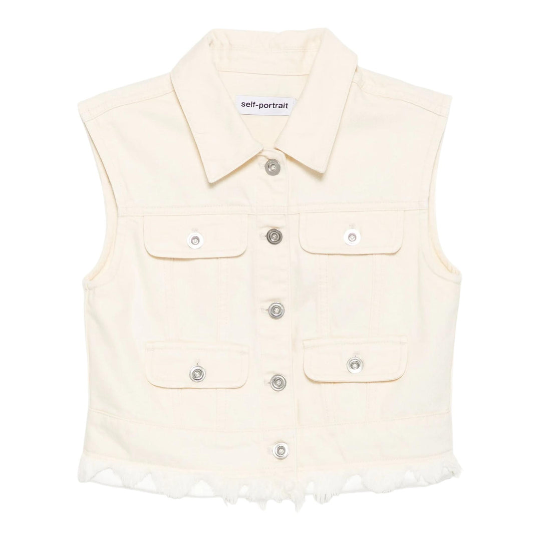Club21 - Self-Portrait - Cream Denim Sleeveless Top - VESTS - Off-White