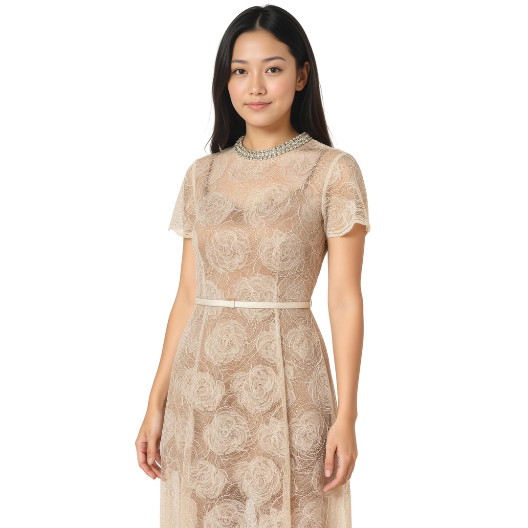 Club21 - Self-Portrait - Cream Tulle Lace Midi Dress - WOVEN DRESSES - Off-White