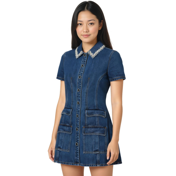 Club21 - Self-Portrait - Denim Crystal Trim Collared Mini Dress - DENIM DRESSES - Blue