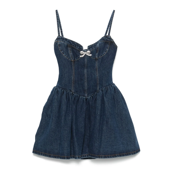 Denim Diamante Bow Mini Dress