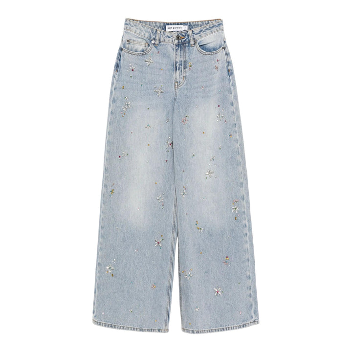 Club21 - Self-Portrait - Light Blue Embellished Wide Leg Jeans - JEANS - Light Blue
