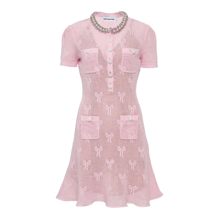 Club21 - Self-Portrait - Pink Bow Crochet Crystal Trim Dress - KNIT DRESSES - Pink