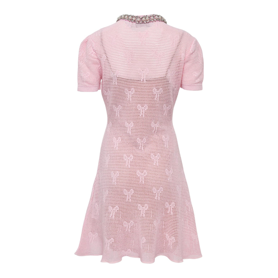 Club21 - Self-Portrait - Pink Bow Crochet Crystal Trim Dress - KNIT DRESSES - Pink