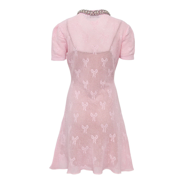 Club21 - Self-Portrait - Pink Bow Crochet Crystal Trim Dress - KNIT DRESSES - Pink