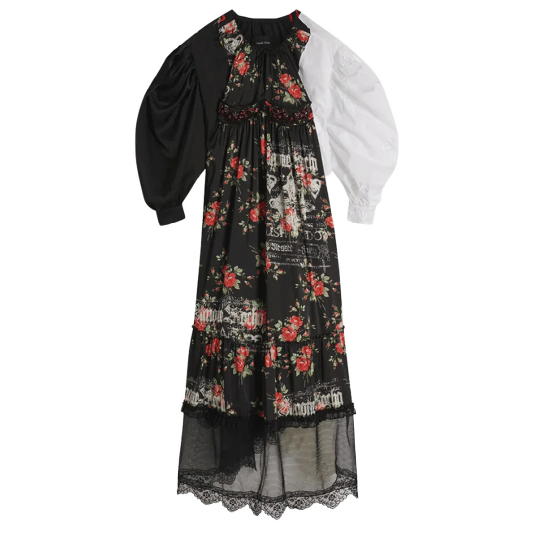 롱 프린트 패치워크 드레스