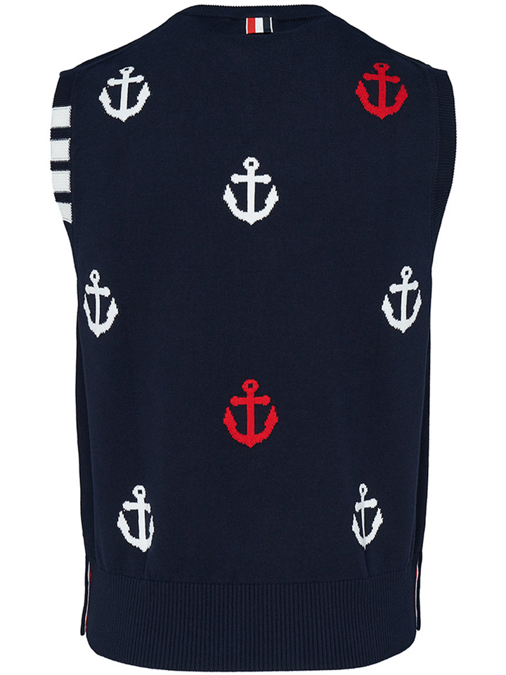 Thom Browne Anchor Half Drop Intarsia V Neck Vest Navy 2