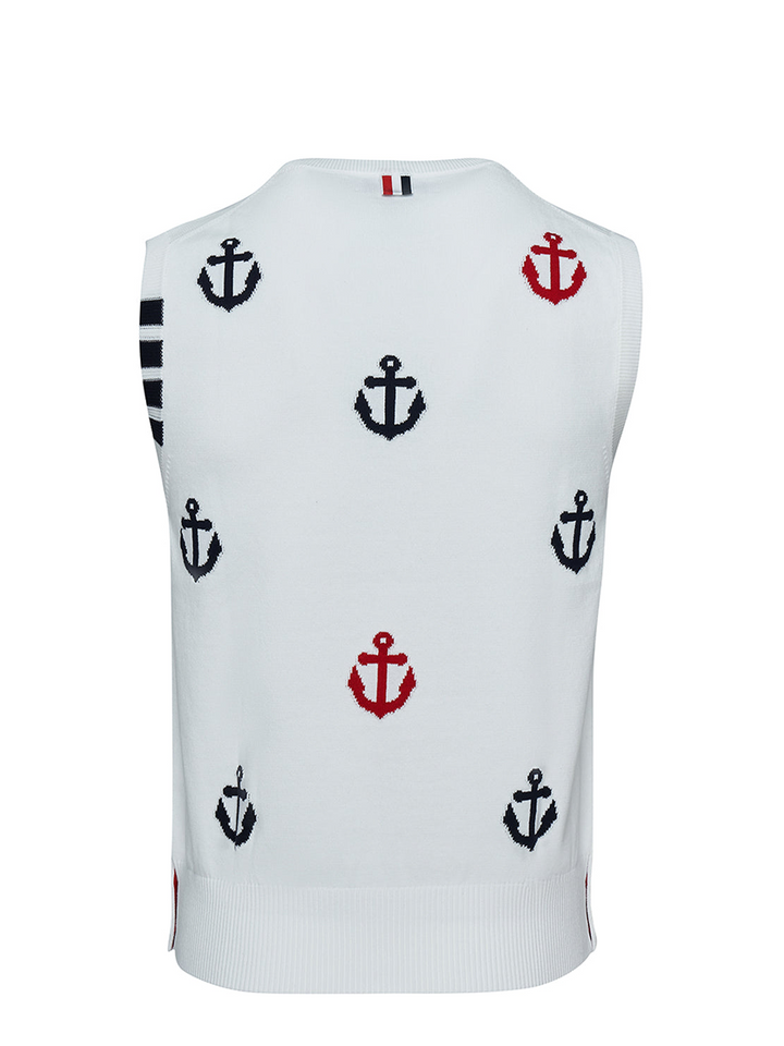 Thom Browne Anchor Half Drop Intarsia V Neck Vest White 2