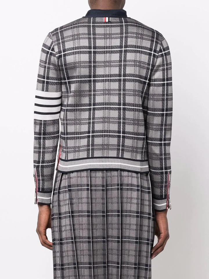 Thom Browne Cardigan With 4Bar In Tartan Grey 3