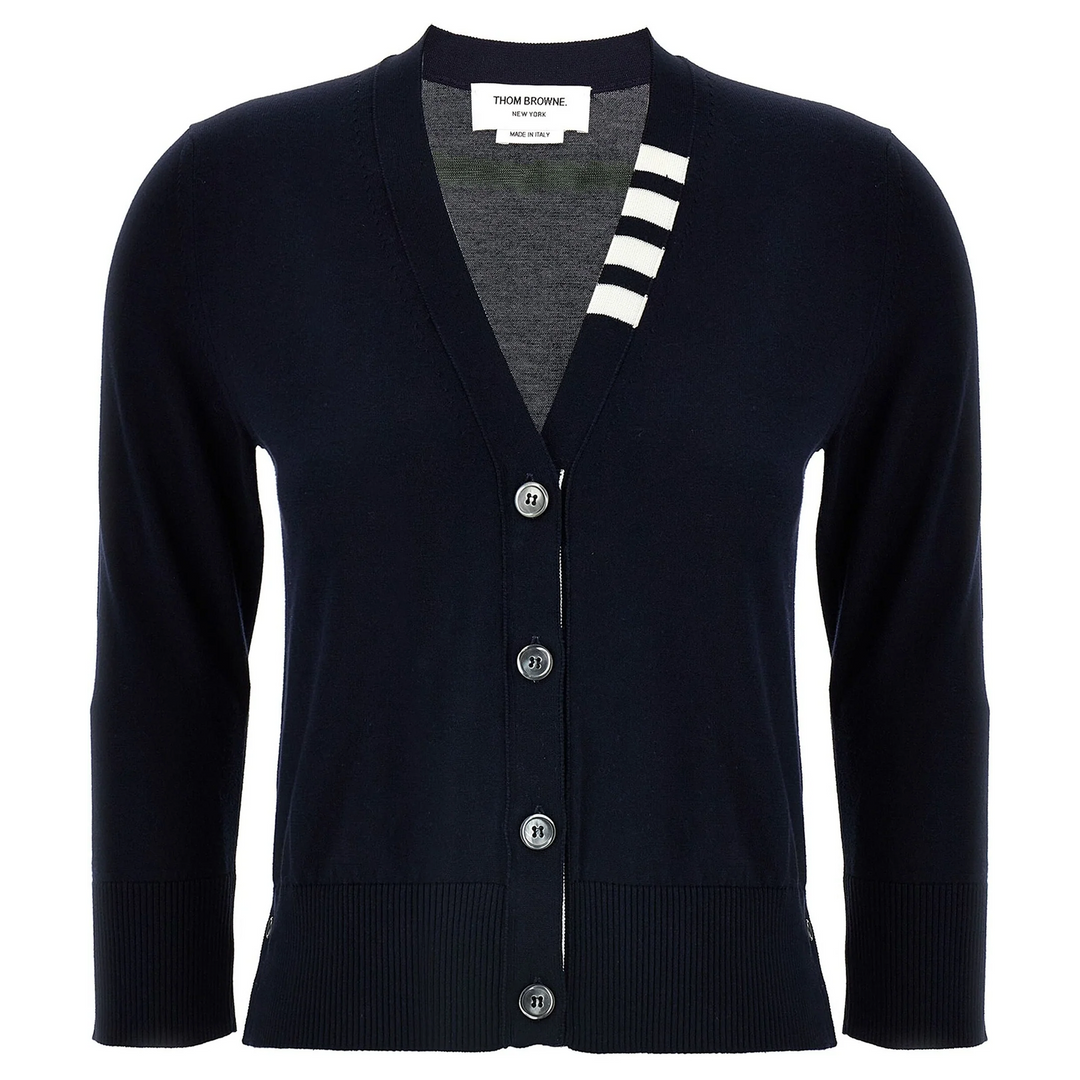 Cotton 4-Bar V Neck Cardigan Women