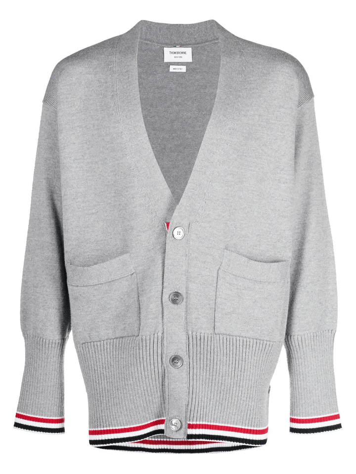 Thom-Browne-Jersey-Stitch-Exaggerated-V-Neck-Cardigan-Light-Grey-1