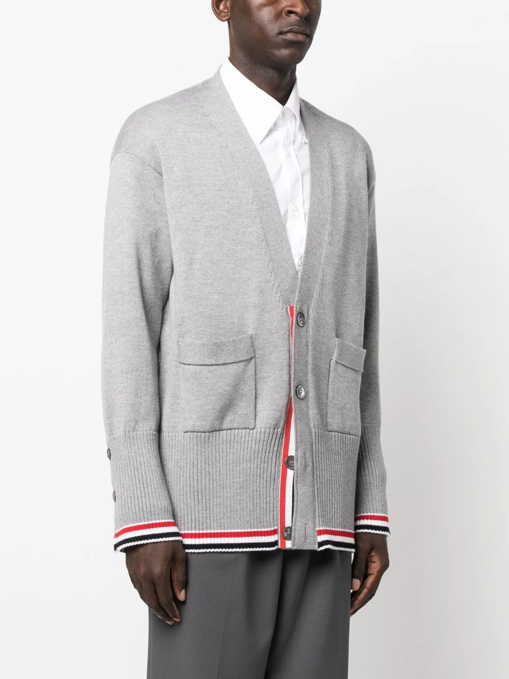 Thom-Browne-Jersey-Stitch-Exaggerated-V-Neck-Cardigan-Light-Grey-3