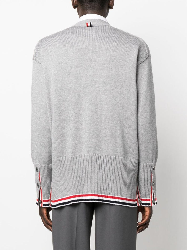 Thom-Browne-Jersey-Stitch-Exaggerated-V-Neck-Cardigan-Light-Grey-4