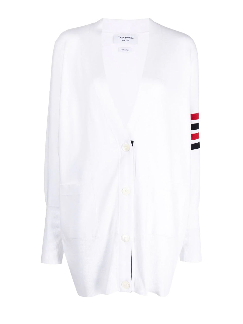        Thom-Browne-Milano-Stitch-Exaggerated-V-Neck-Cardigan-White-1