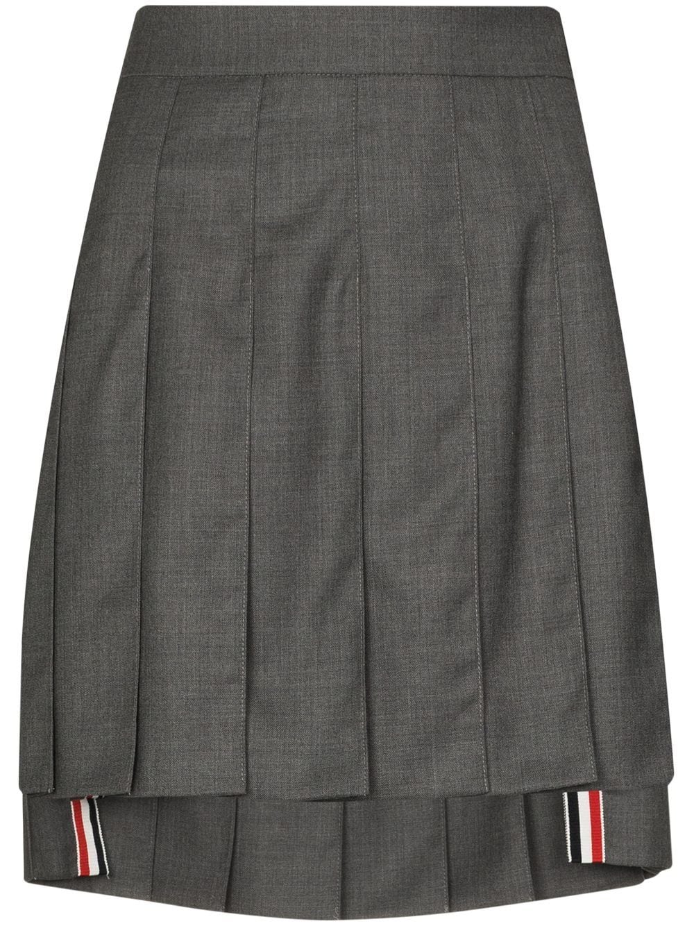 Thom Browne medium grey wool dropped back pleated midi skirt with RWB stripe trim at hem and side buckle waistband