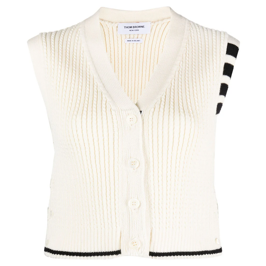 Merino Wool 4-Bar Cropped Cable Cardigan Vest Women