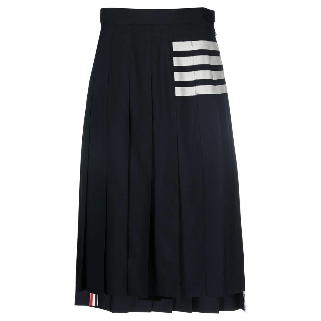 Navy Wool Plain Weave Pleated 4-Bar Skirt